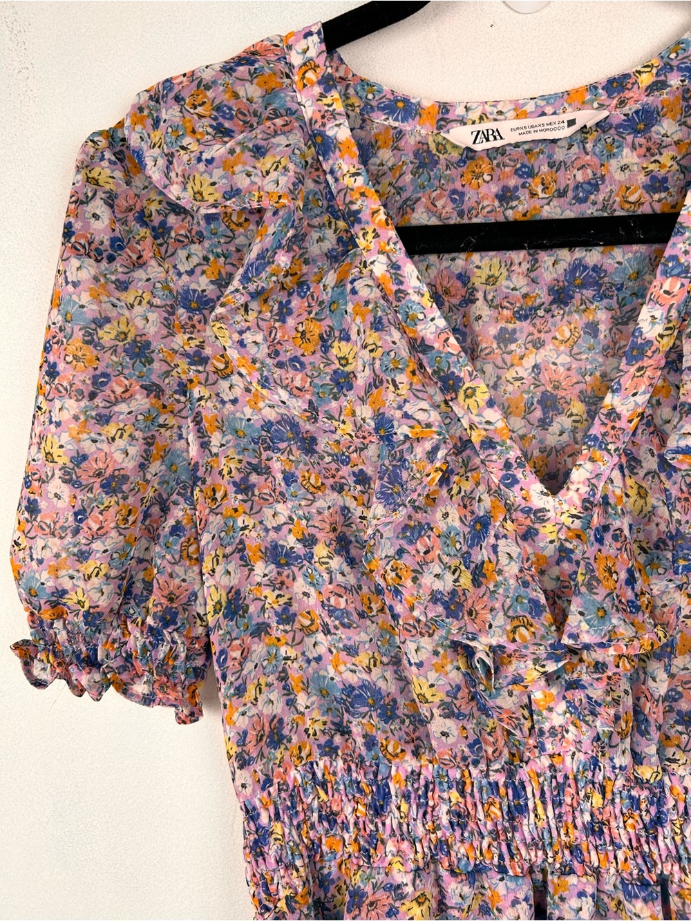 Zara Floral Ruffle V-Neck Mini Dress, XS tiered skirt smocked Pretty Western - Picture 7 of 14
